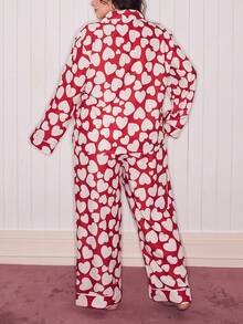 SHEIN Cute Heart Pajamas Set,Plus Size Valentine's Day Red And White Striped Contrast Soft Girl Lapel Cardigan Long Sleeve & Pants,Autumn,Family Matching - Pink - View 2