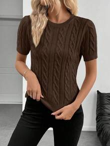 SHEIN Cottnline Blogger-Inspired Twist Rope Decor Round Neck Knit Sweater, Versatile, Autumn/Winter - Brown - View 5
