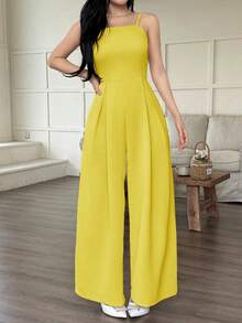 INAWLY Mono de mujer de unicolor con pliegues, versátil para uso diario y fiestas - Amarillo - Ver 4