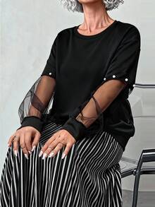 INAWLY Sudadera holgada de talla grande para mujer con mangas de malla transparente y decoración de burbujas - Negro - Ver 3