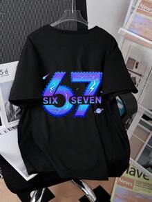 Fantacosmos 男童图案T恤，休闲舒适针织圆领宽松版型，印有数字67图案，黑色上衣，适合日常、上学、外出、运动、度假、派对等场合穿着。 - 黑色 - 查看 4