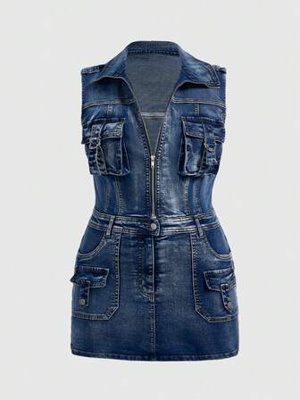 J-Fashion Vestido de mezclilla ajustado mini con cintura ceñida y versátil para tallas grandes