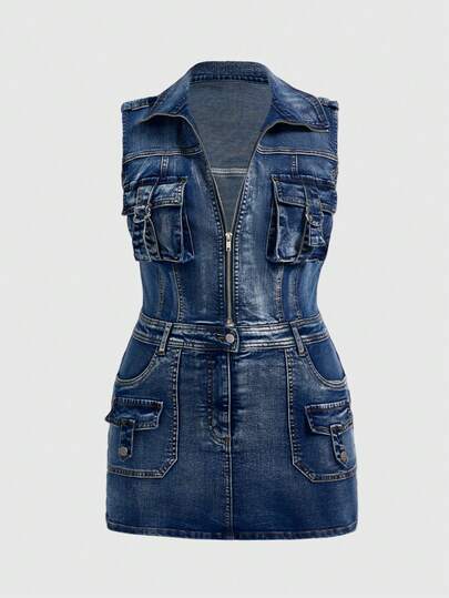 J-Fashion Plus Size Versatile Bodycon Waist Cinched Mini Bodycon Denim Dress