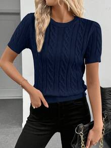 SHEIN Cottnline Blogger-Inspired Twist Rope Decor Round Neck Knit Sweater, Versatile Design, Autumn/Winter - Navy Blue - View 7