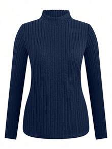 4pcs/Set Plus Size Women Ribbed Texture High Neck Fitted Casual Basic T-Shirt, Autumn/Winter - Multicolor - View 3