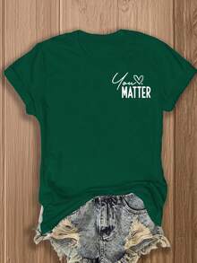 EMERY ROSE Women's Casual Slogan & Heart Print Round Neck Short Sleeve T-Shirt, Summer - Army Green - View 2