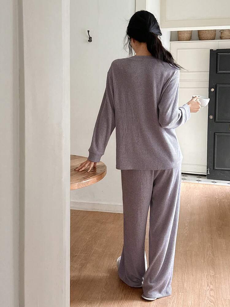 Women's Plush Knit Multi-Color Button Decorated Pajama Set, Autumn/Winter