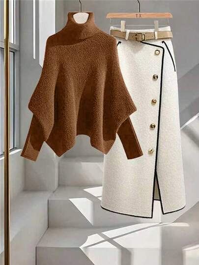 GlowEve Poncho asimétrico de cuello alto para mujer, color azul marino, de moda, de alta gama, con mangas de murciélago, casual, versátil, para otoño/invierno