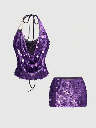 ROMWE Avant Conjunto de 2 piezas de top corto halter con lentejuelas y minifalda de cintura baja con estilo vintage y sexy para mujer