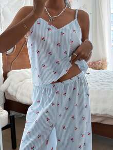 SHEIN Women's Bubble Crinkle Striped Cherry Print Camisole & Pants Pajama Set - Blue - View 3