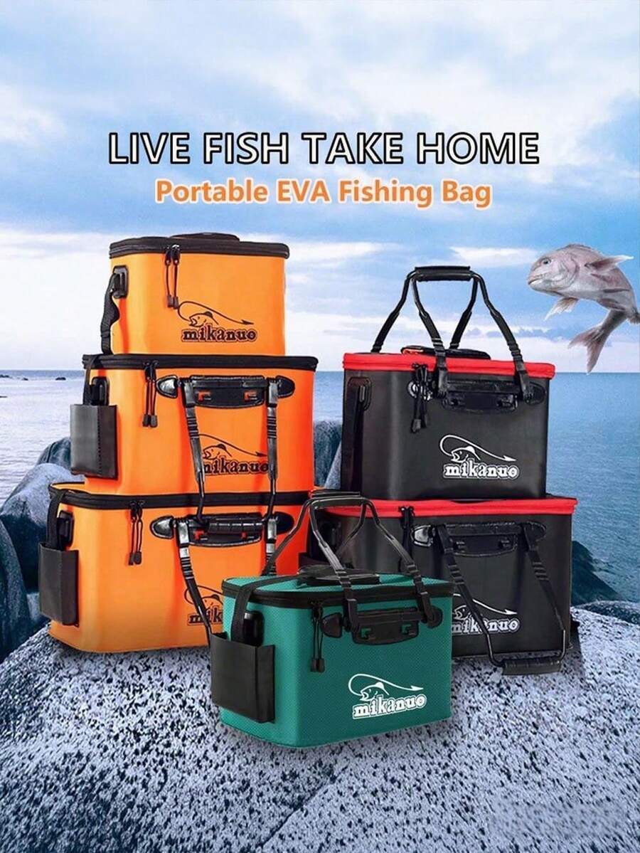 1pc Portable EVA Fishing Bag, Collapsible Fishing Bucket, Live Fish Box, Camping Water Container, Fishing Tackle Storage Bag, Multi-Functional Folding Fish Bucket Without Pump - Black - View 1