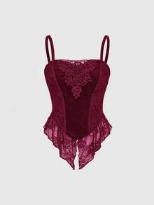 ROMWE Goth Dark Halloween Velvet Contrast Lace Camisole Top Paired With Mermaid Skirt - Burgundy - View 7