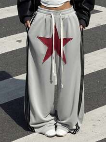 Muchica Pantalones de chándal casuales y holgados con parches de estrella gris para mujer