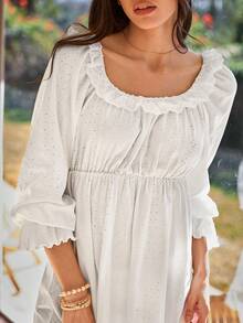 Lullawish Camisón holgado de mujer de algodón jacquard de punto con mangas de farol y diseño calado en estilo bohemio - Blanco - Ver 8