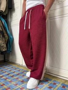 Manfinity EMRG 男士撞色拼接抽绳腰休闲运动裤。街头风，朋友，情侣装，宽松版型，男士款，印花，日系，男女通用，我爱我的女朋友 - 紅色 - 查看 6