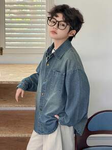 DAZY 男童纯色休闲长袖牛仔衬衫（春季款） - 淺色水洗藍 - 查看 4