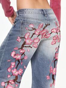 ROMWE Grunge Punk Quần jeans dáng rộng phong cách Y2K Streetwear với họa tiết hoa anh đào thêu. - Màu xanh lam - Xem 4