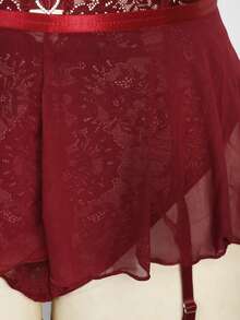 SHEIN 4pcs/Set Plus Size Sexy Mesh & Lace Patchwork Teddy Lingerie Set - Burgundy - View 3
