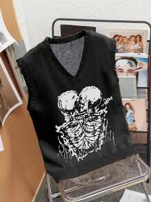 Manfinity EMRG Men Skull Pattern Distressed Sweater Vest Halloween , Men's Goth Punk Grunge Rock Sweater Vest, Fall/Winter