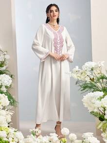 Al Najma Vestido holgado de estilo árabe con mangas acampanadas y bordado de perlas falsas para mujer - Albaricoque - Ver 5