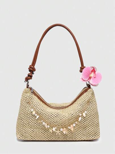 Fairycore Damen Schräge Schultertasche, Blumen, Raffia, muschelförmige Dekoration im Strandstil, großes Fassungsvermögen, geeignet für Urlaub und Einkaufen