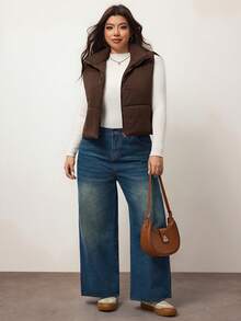 Enliva Plus Size Solid Casual Zip Up Vest Winter Coat, For Apple Rounded Body Shape - Coffee Brown - View 6