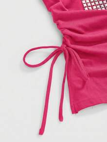 ROMWE J-Fashion Y2K Cross Studded Rhinestone Decor Black Cropped Strapless Drawstring Slit Hem Women Top - Hot Pink - View 4