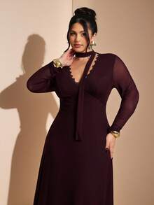 SHEIN BAE Vestido largo minimalista de talla grande con escote en V, cintura ceñida y ribete de encaje, color borgoña, otoño, elegante, atuendo de Navidad y Año Nuevo para mujeres, vestido de invitada de boda - Café integral - Ver 5