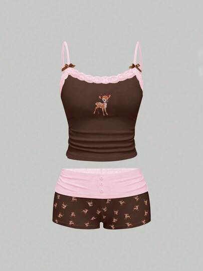 J-Fashion Ensemble Top camisole en dentelle avec broderie de cerf mignon et short imprimé cerf pour femmes