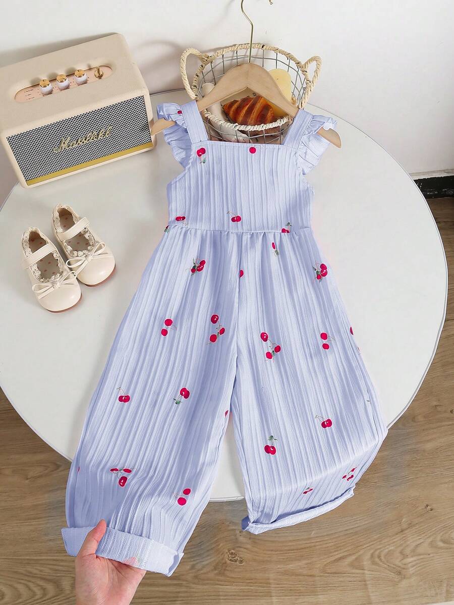 Genkimix Kids 1 bộ áo liền quần dáng ôm vừa vặn kiểu cổ điển in họa tiết quả anh đào độc đáo, thích hợp cho hoạt động ngoài trời mùa hè và đi học. - Màu xanh lam - Xem 1