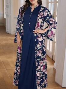 Al Najma Vestido casual de vacaciones holgado con cuello en V, estampado floral y manga con abertura para mujer de talla grande - Azul - View 5