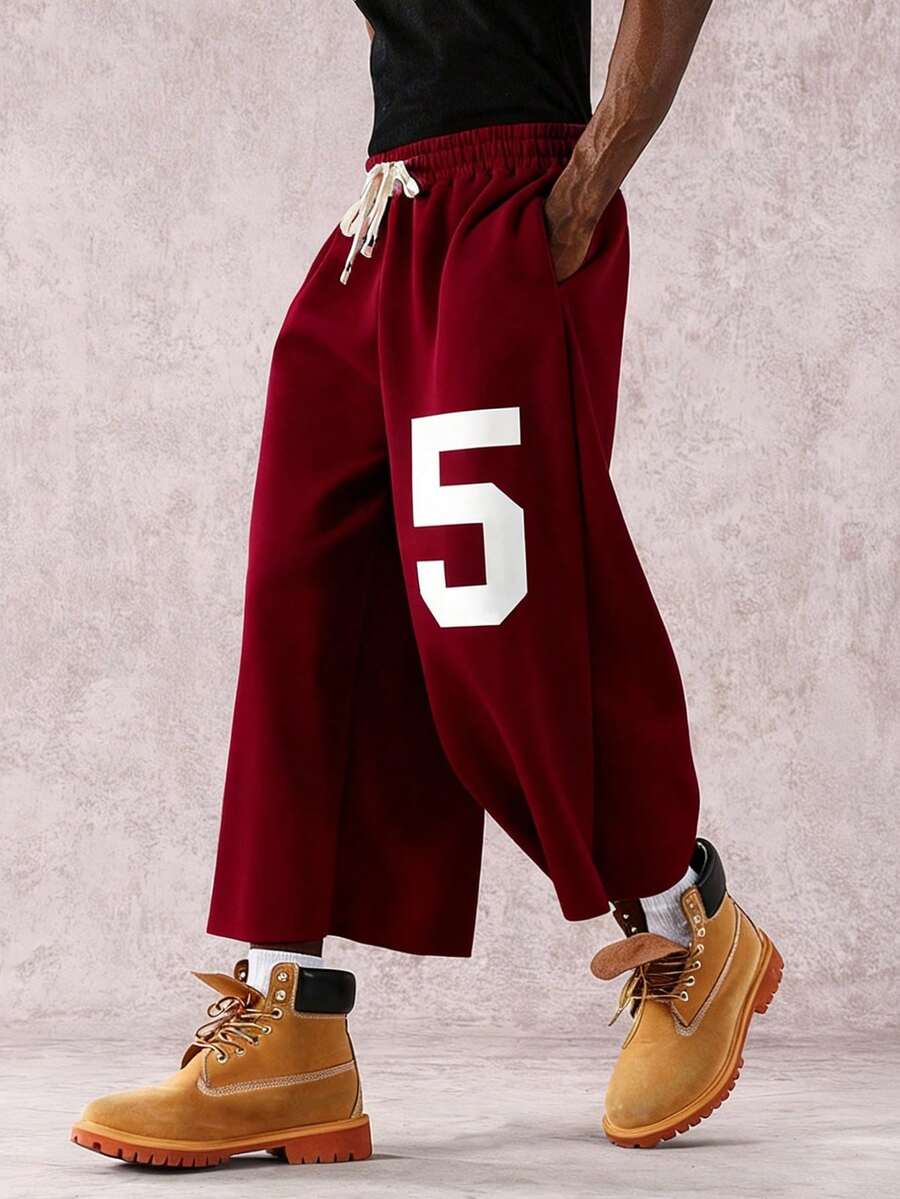 PAVTROS Men's Burgundy Badge Graphic Print Drawstring Waist Casual Sweatpants,Loose Fit Wide Leg Sports Pants For Autumn Streetwear City Break Back-To-School - Red - View 1