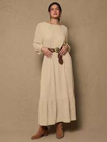 Freevana Plus Size Solid Color Minimalist Casual Round Neck Long Sleeve Dress - Apricot - View 3