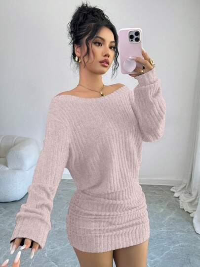 SHEIN PETITE Vestido corto ajustado de manga larga con hombros descubiertos y acanalado, versátil y casual, adecuado para otoño/invierno, Acción de Gracias, Año Nuevo, para mujeres de talla pequeña