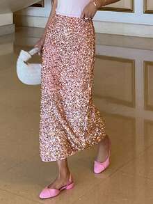 Falda con abertura lateral elegante con adornos de lentejuelas para mujeres, ideal para Navidad, Año Nuevo y Carnaval - Rosa - Ver 4