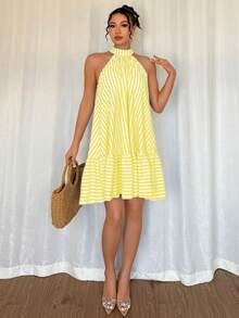 Rafferiza Vestido elegante de primavera/verano con cuello halter, sin mangas, hombros descubiertos, volantes y rayas en el bajo - Amarillo - Ver 4