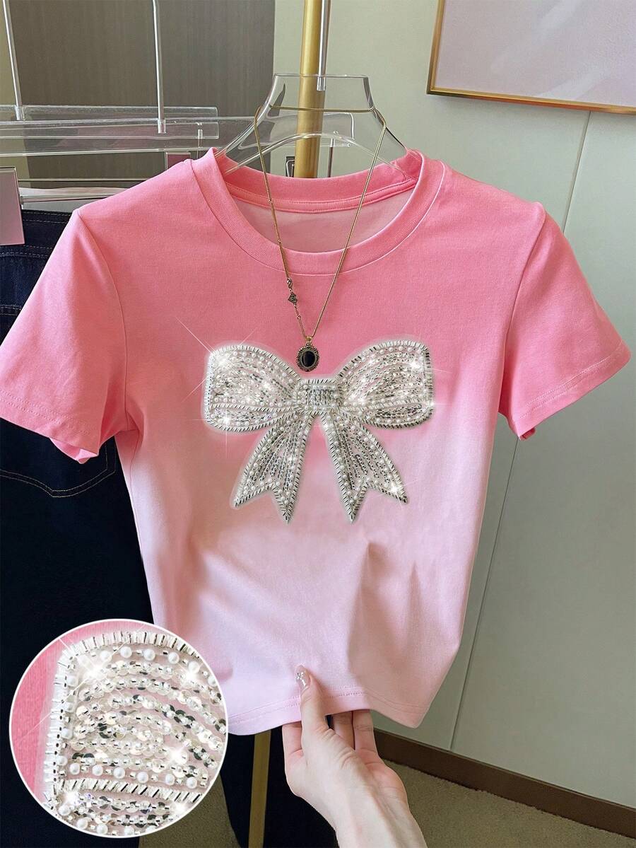Resyla Áo thun ngắn tay cổ tròn tay lửng kiểu dáng ombre đính cườm dành cho nữ, món quà lý tưởng cho bạn bè. - Nhiều màu - Xem 1