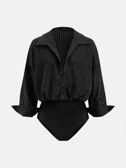 Airaco Women's Fashion Striped Drop Shoulder Long Sleeve Front Button Bodysuit