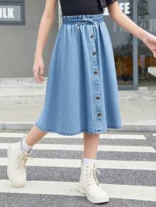 Moda dla nastolatek, swobodna, vintage, modna, uliczna, świeża i urocza, elastyczna talia z krawędzią liści, niebieski denim, spódnica w kształcie litery A, odzież codzienna, wiosna-lato, festiwal rave i odzież uliczna - Niebieski - Zobacz 4
