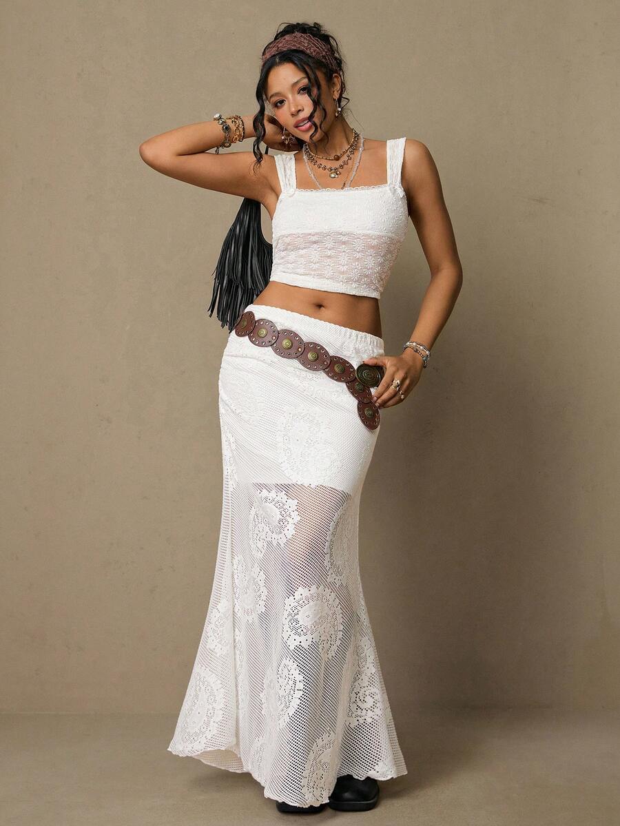 Freevana Plus Size Bohemian Vintage Western Style Paisley & Cashew Flower Lace Versatile White Skirt For Women, Early Spring - White - View 1