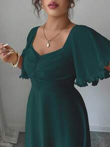 Modelyn Plus Size Dark Green Midi A Line Dress With Ruffle Hem Sweetheart Neck And Cloak Sleeves - Dark Green - View 2