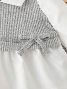 SHEIN 2件套新生女婴休闲套装，撞色领口和下摆二合一上衣，宽松针织长裤，简约时尚的新生儿服装套装 - 灰色 - 查看 5