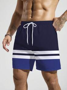 Manfinity Swimmode 男士撞色抽绳沙滩短裤，休闲度假款 - 寶藍色 - 查看 5