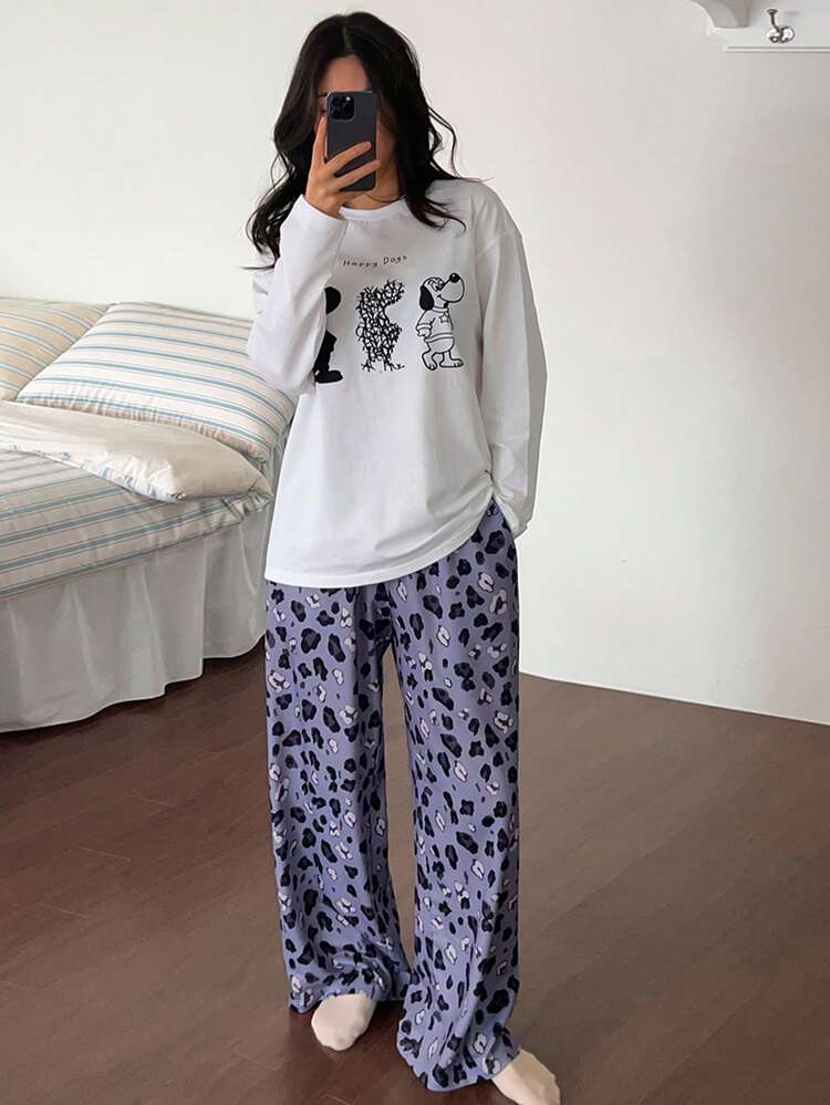 Cute Puppy Print Loose Women Pajama Set, Allover Pattern
