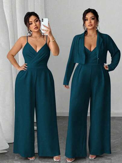 Elenzga Conjunto de 2 piezas de blazer elegante y minimalista para mujer de talla grande para uso en la oficina o para ir al trabajo, y mono sin mangas con cintura ceñida y pierna ancha