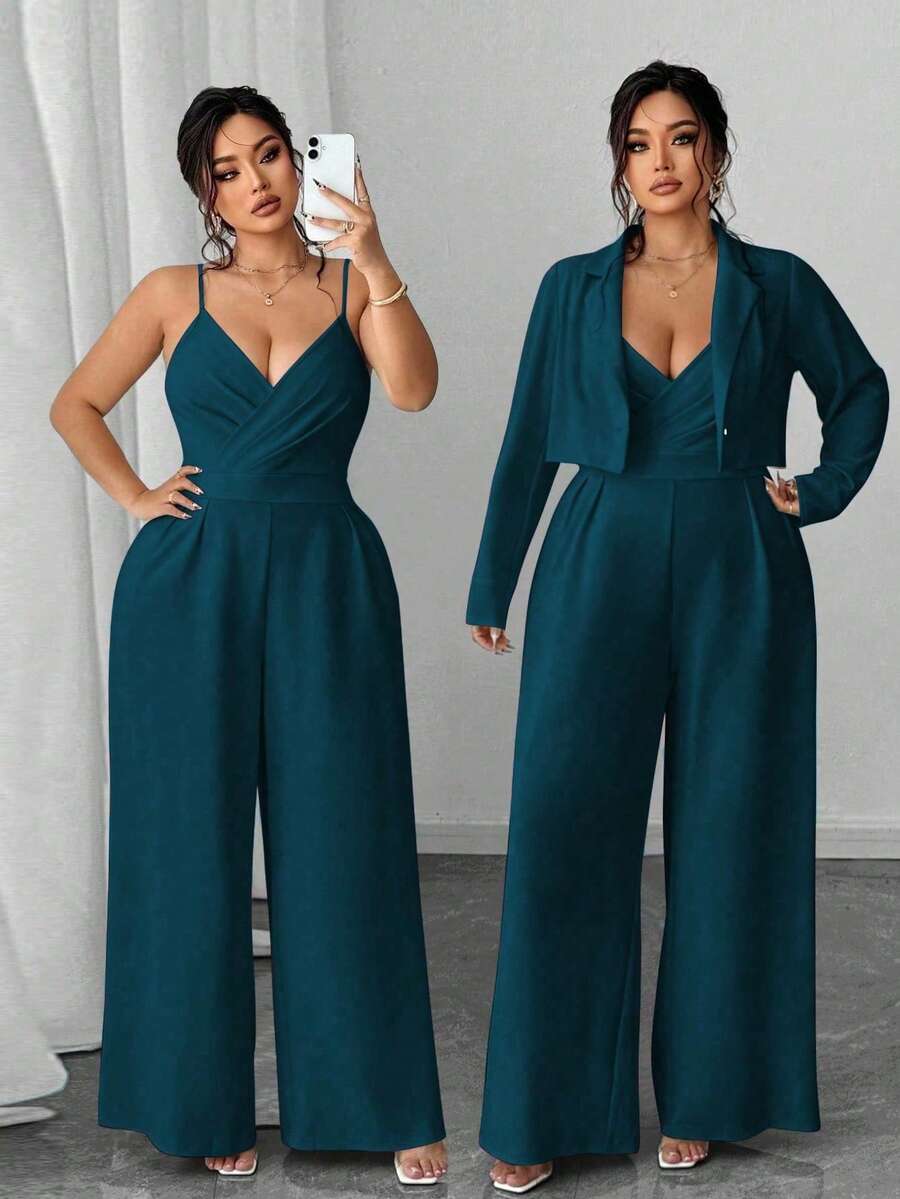 Elenzga Bộ đồ liền thân ống rộng 2 món, áo khoác blazer công sở thanh lịch tối giản dành cho nữ cỡ lớn và áo liền quần không tay thắt eo - Màu xanh ngọc - Xem 1
