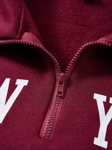 SHEIN Bộ đồ nữ 2 món, mẫu mới Thu/Đông, áo hoodie cổ đứng màu đỏ rượu vang có khóa kéo, phối cùng quần dài tay bo gấu, in chữ LA, thoải mái thường ngày, đồ đôi mẹ con. - Màu đỏ tím - Xem 7