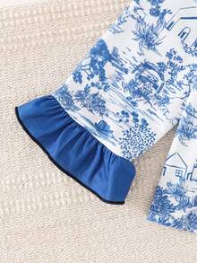 Babygirl Casual Cute Colorblock Landscape Graphic Ruffle Trim Long Sleeve Pajama Set - Blue - View 5