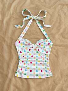 Soleia 女士彩色波点印花露背吊带上衣，夏季度假白色波点上衣彩色波点上衣可爱沙滩上衣泳装春夏派对嘉年华婚礼外出度假优雅休闲 - 彩色 - 查看 6