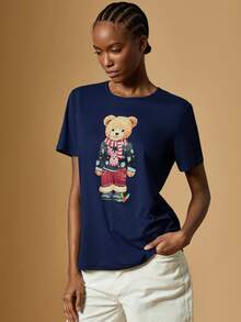 Briarwyn Casual Women's Navy Blue Short Sleeve Round Neck T-Shirt Featuring A Festive Bear Print - Navy Blue - View 6